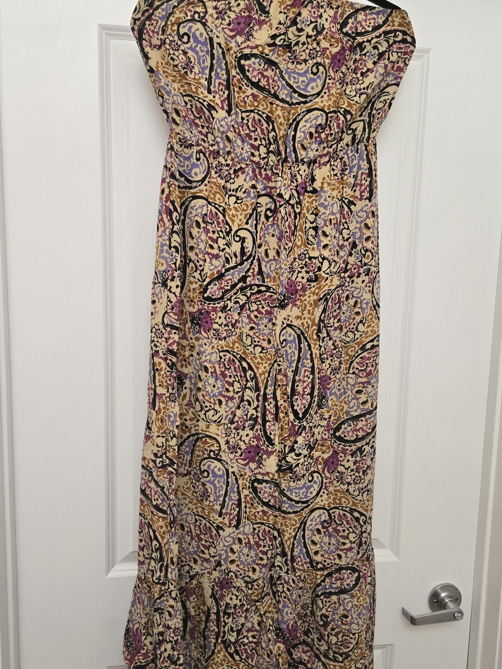 Kirra Strapless Paisley Maxi Dress in Beige, Purple and Black